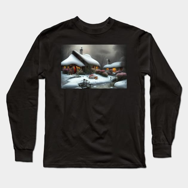 Magical Fantasy House with Lights in a Snowy Scene, Fantasy Cottagecore artwork Long Sleeve T-Shirt by Promen Art